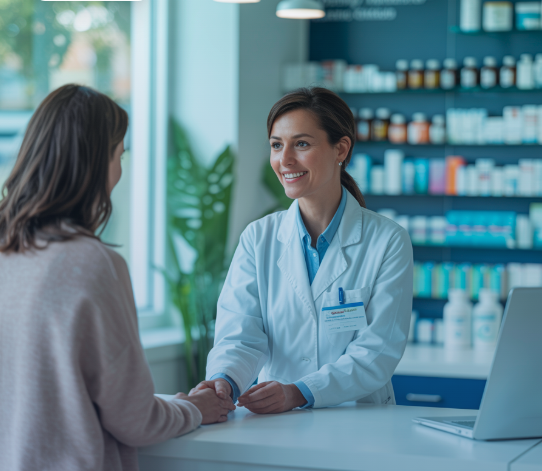 Pharmacist consulting with customer at pharmacy counter